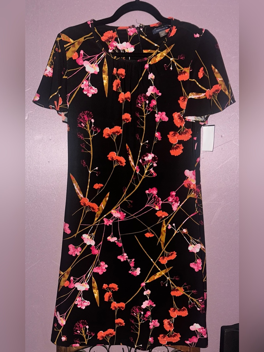 Tommy Hilfiger Black Floral Shift Dress with Pink and Orange Flowers